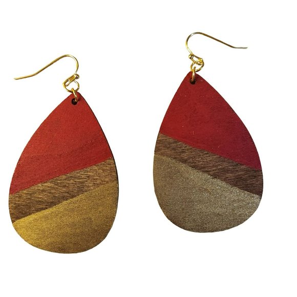 Earrings red gold teardrop wood - Picture 2 of 4